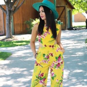 Yellow and Pink Floral Jumpsuit with Wide-Leg Design